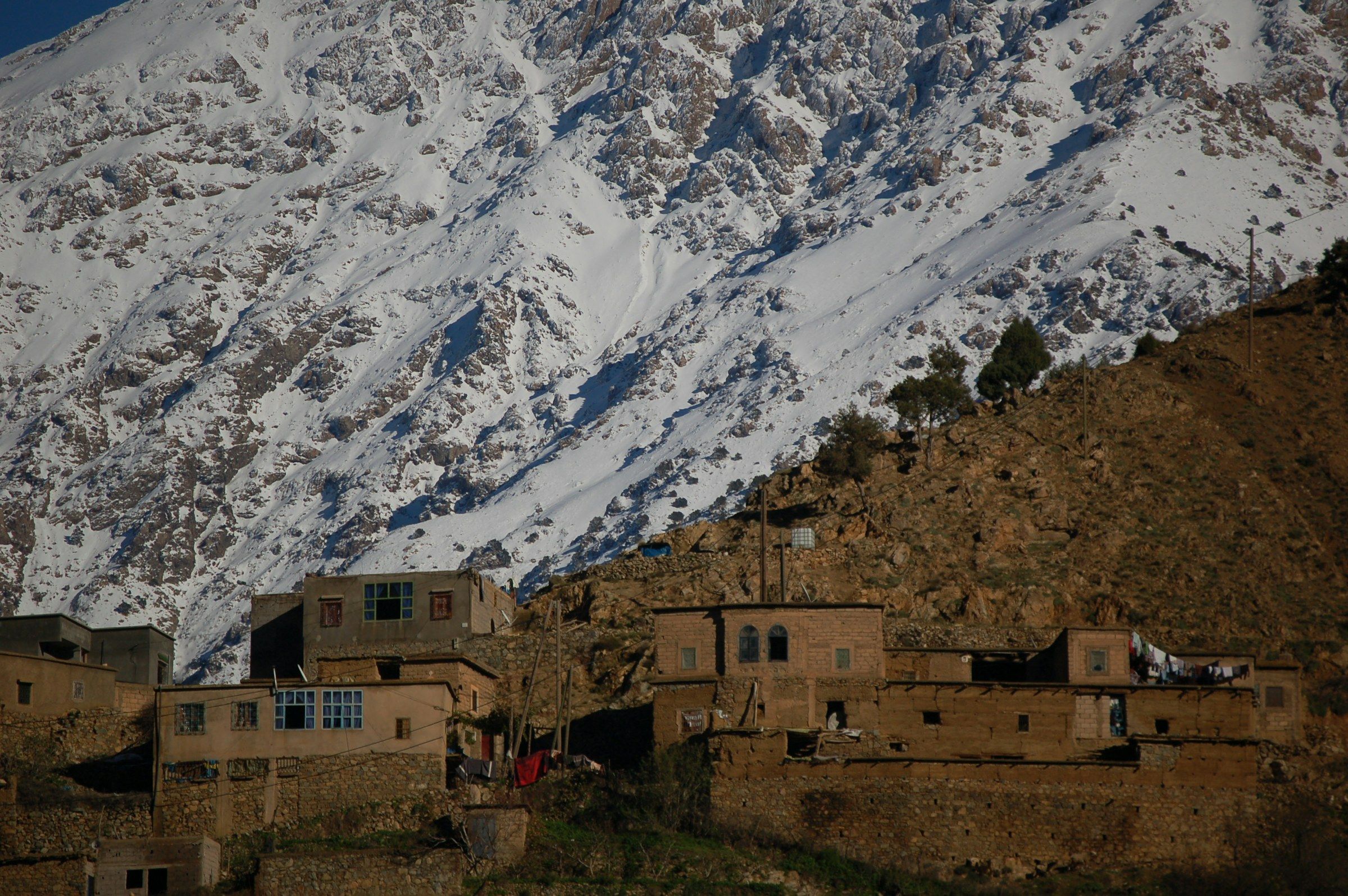 A mountain village below the snow-capped peaks of the Atlas
